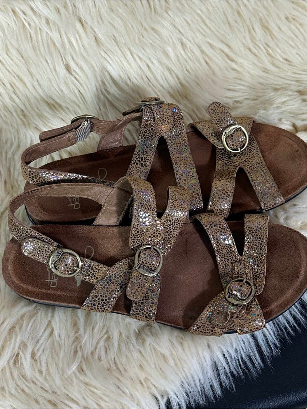 Dansko Women's Gold-Brown Leather Glitter Strappy Sandals